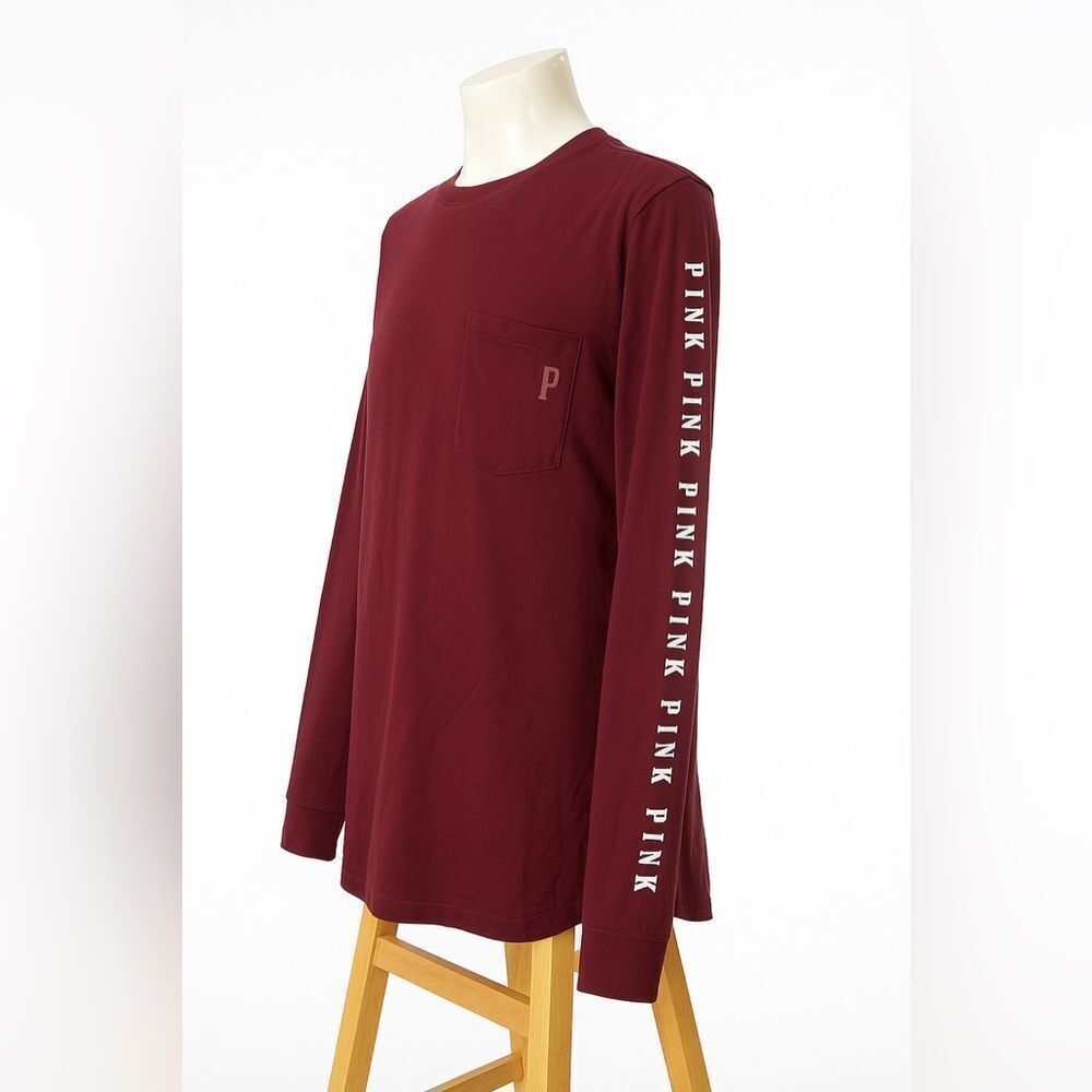 PINK Victoria's Secret Maroon Burgundy Long Sleeve Logo Tee S Dog
